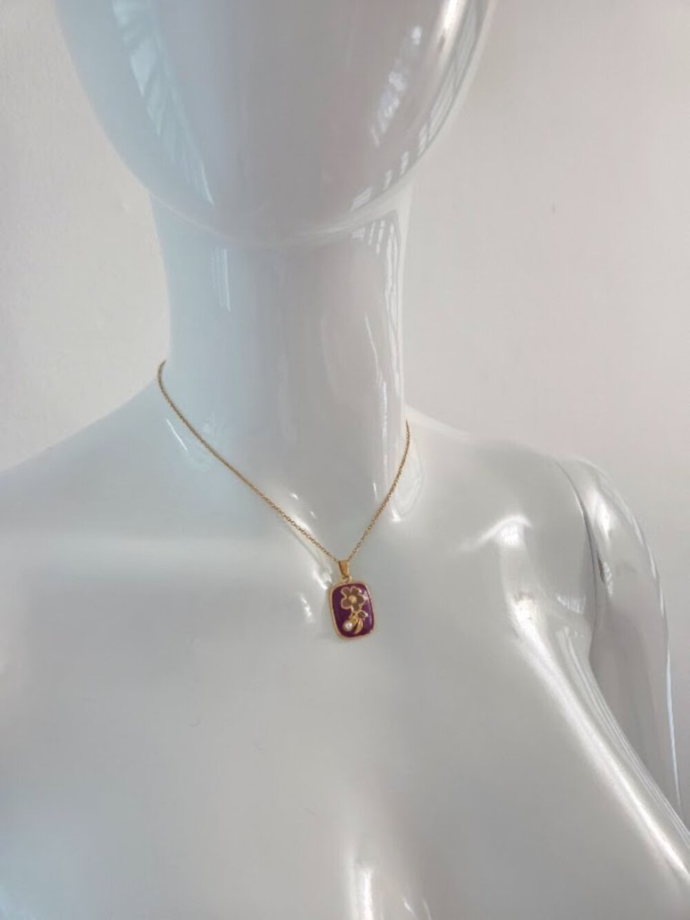 Gold Purple Enamel Flower Pendant Necklace Dainty Pearl Accent Jewelry - Picture 11 of 13